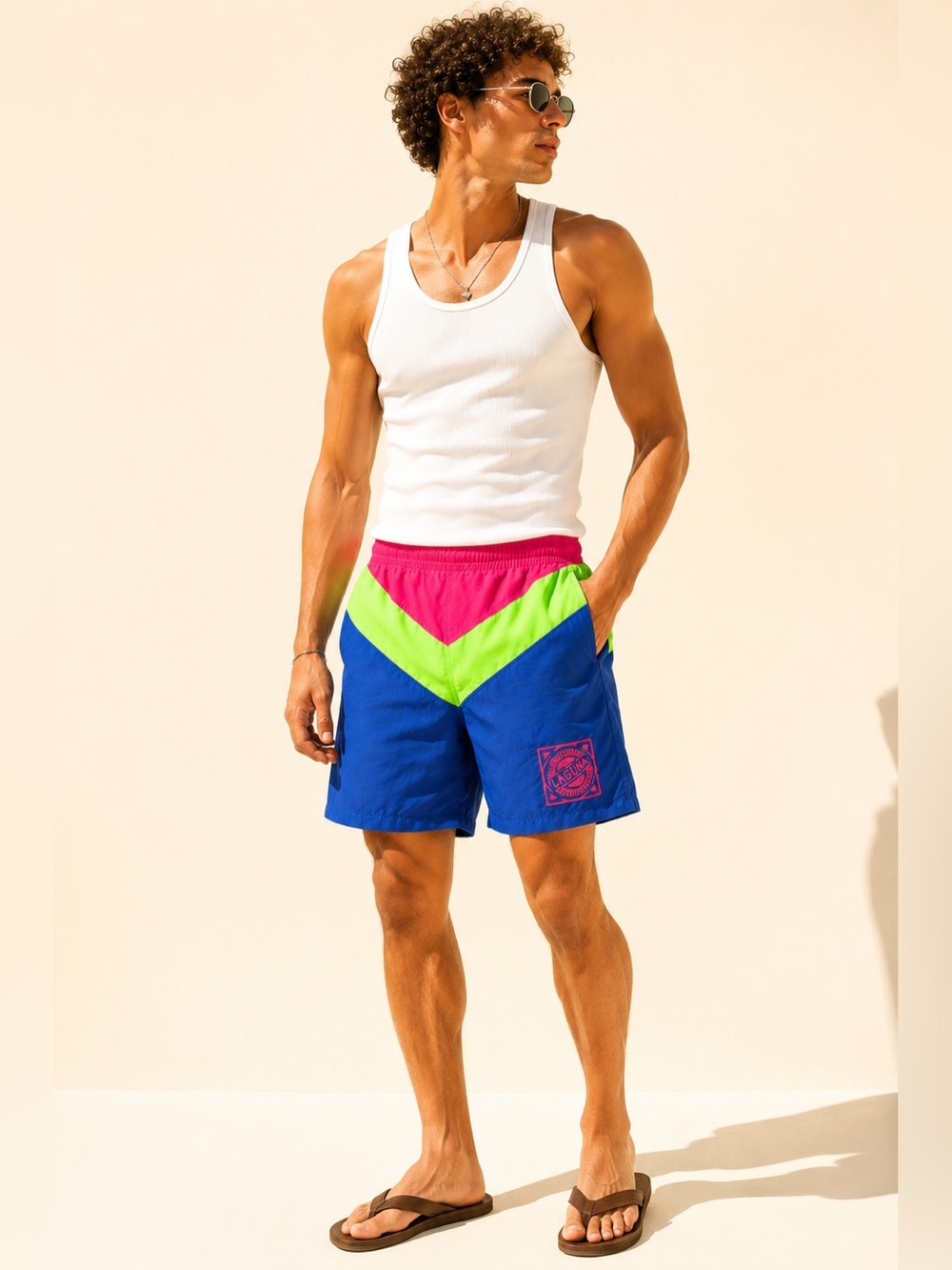 Y2K 90s Neon Colorblock Swim Trunks Archive Laguna Patch Vintage Sz S